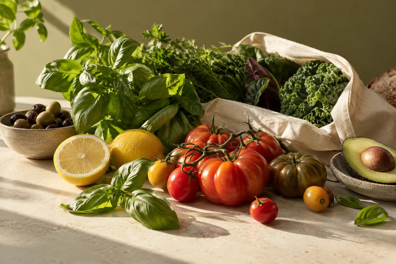 Fresh tomatoes, herbs, avocado, and lemons in warm morning light