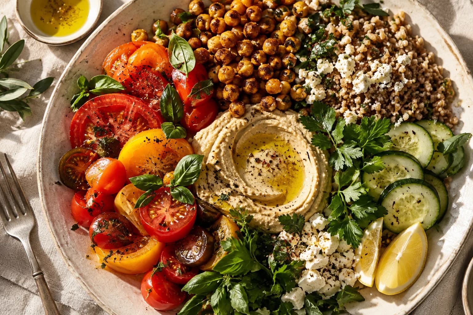 An abundant plate of hummus, grains, chickpeas, tomatoes, cucumber, and fresh herbs